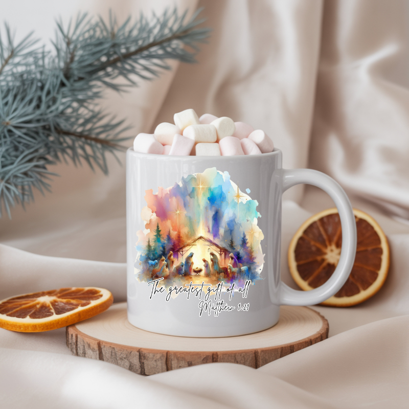 The Greatest Gift of All Nativity Mug | Watercolor Christmas Decor | Faith Wall Art | Holy Family Gift | Christian Holiday Collection