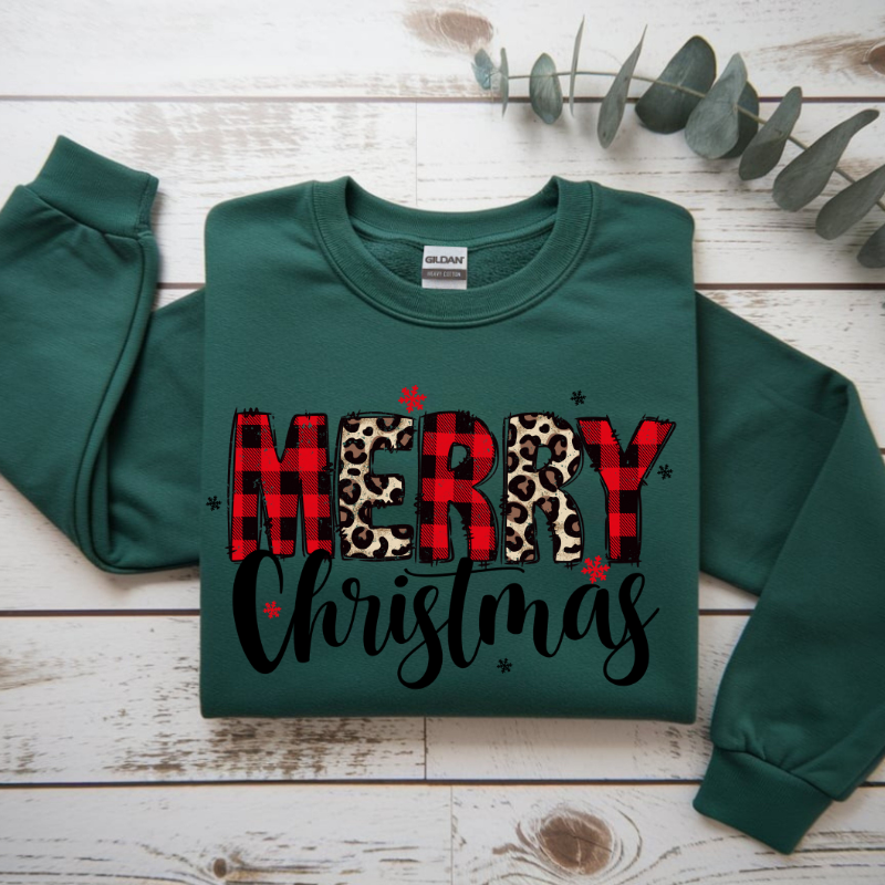 Merry Christmas Sweatshirt | Buffalo Plaid & Leopard Print Holiday Crewneck | Cozy Winter Outfit | Christmas Gift for Moms & Friends