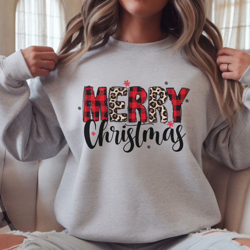 Merry Christmas Sweatshirt | Buffalo Plaid & Leopard Print Holiday Crewneck | Cozy Winter Outfit | Christmas Gift for Moms & Friends