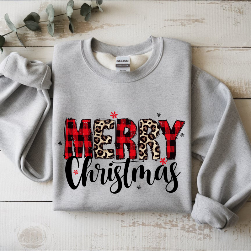 Merry Christmas Sweatshirt | Buffalo Plaid & Leopard Print Holiday Crewneck | Cozy Winter Outfit | Christmas Gift for Moms & Friends