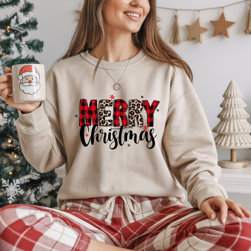 Merry Christmas Sweatshirt | Buffalo Plaid & Leopard Print Holiday Crewneck | Cozy Winter Outfit | Christmas Gift for Moms & Friends
