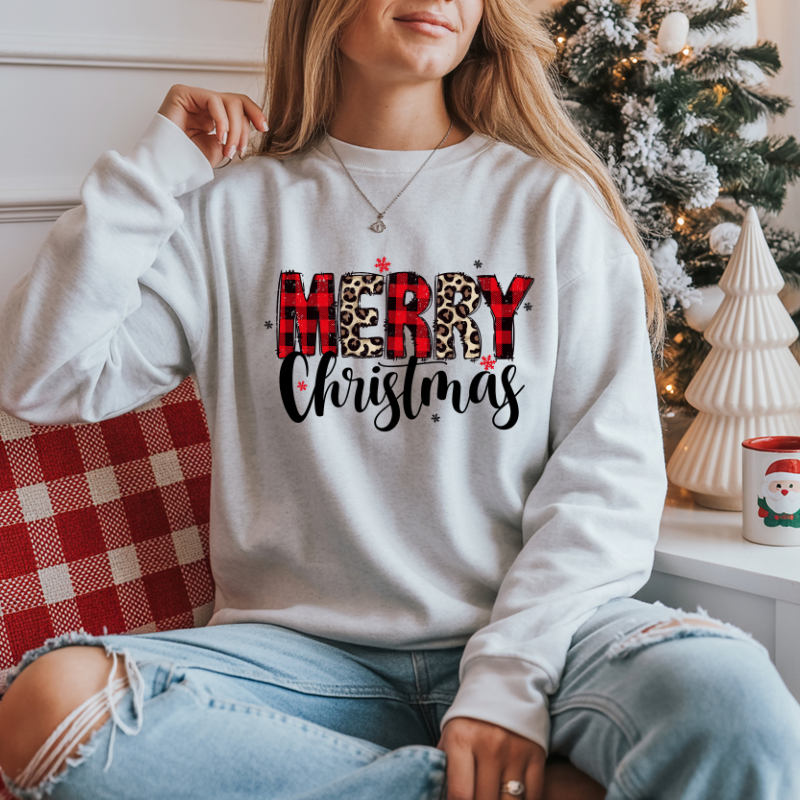 Merry Christmas Sweatshirt | Buffalo Plaid & Leopard Print Holiday Crewneck | Cozy Winter Outfit | Christmas Gift for Moms & Friends