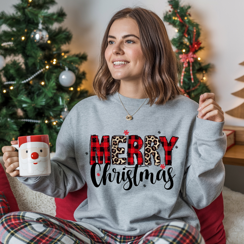 Merry Christmas Sweatshirt | Buffalo Plaid & Leopard Print Holiday Crewneck | Cozy Winter Outfit | Christmas Gift for Moms & Friends