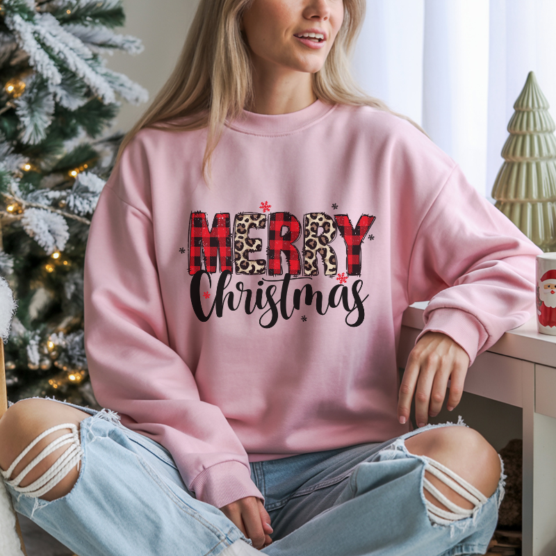 Merry Christmas Sweatshirt | Buffalo Plaid & Leopard Print Holiday Crewneck | Cozy Winter Outfit | Christmas Gift for Moms & Friends
