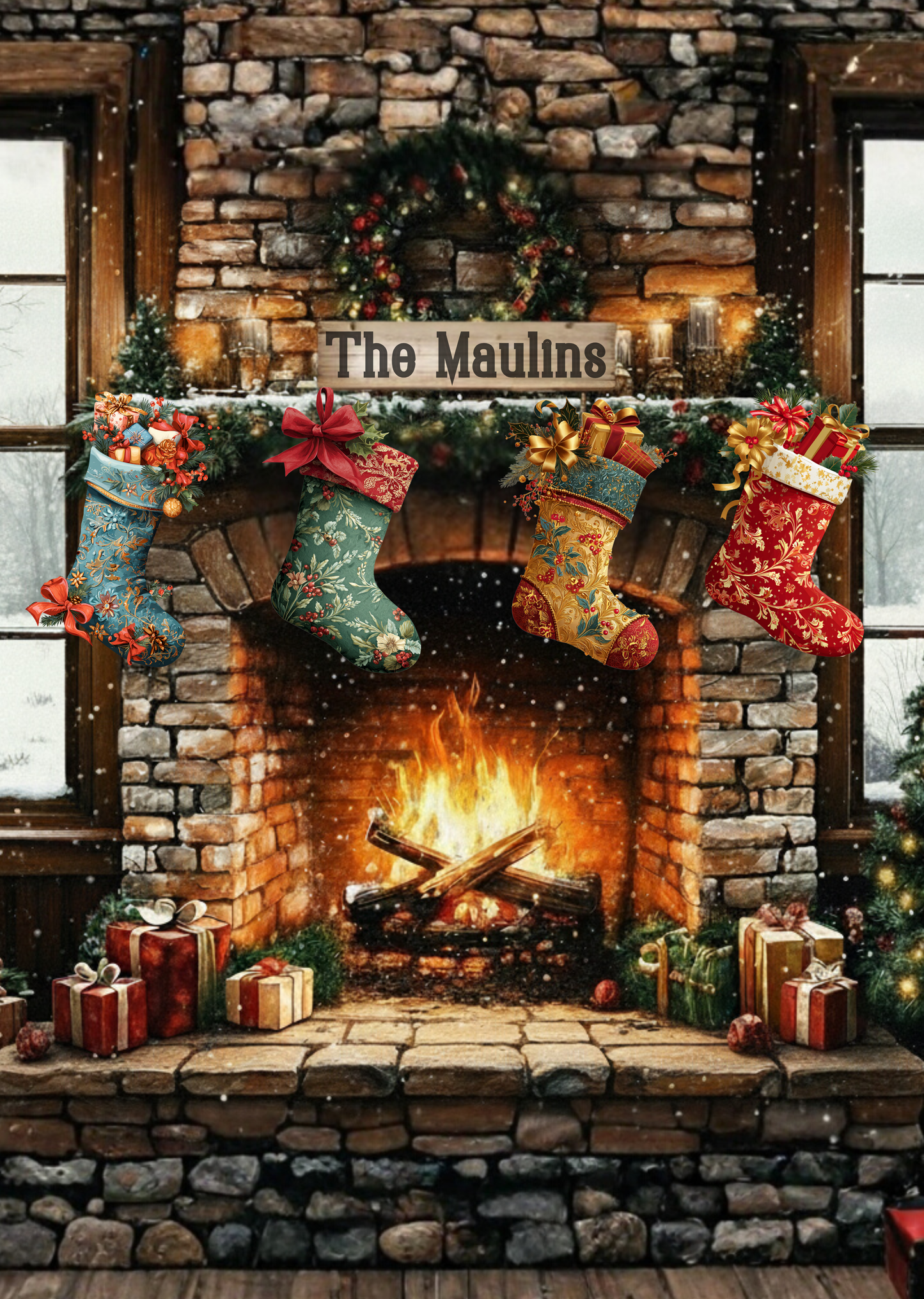 Custom Family Fireplace Christmas Woven Blanket