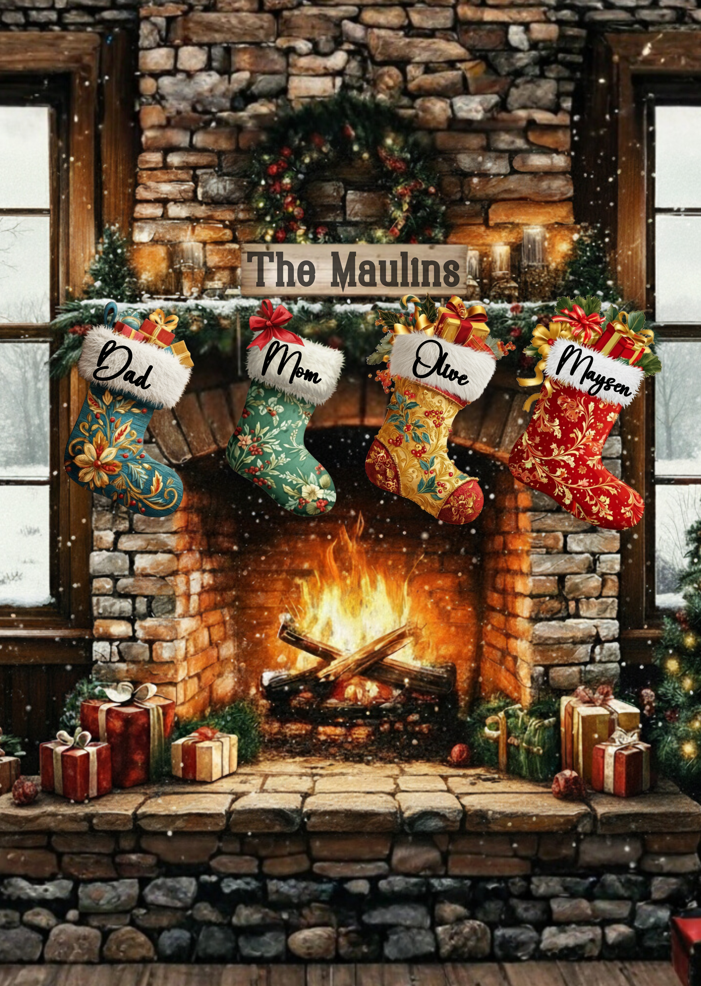 Custom Family Fireplace Christmas Woven Blanket