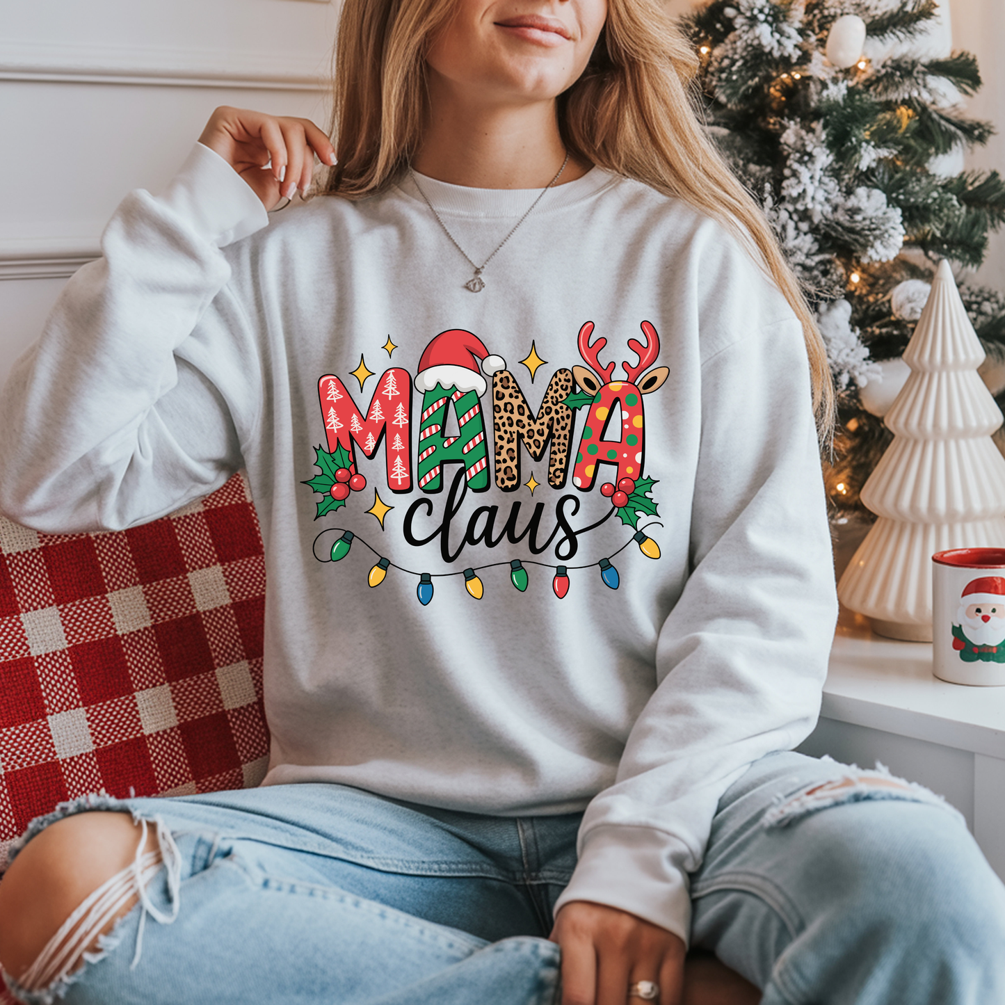 Mama Claus Christmas Sweatshirt | Leopard & Candy Cane Holiday Crewneck | Festive Lights Sweater for Moms | Cute Christmas Outfit