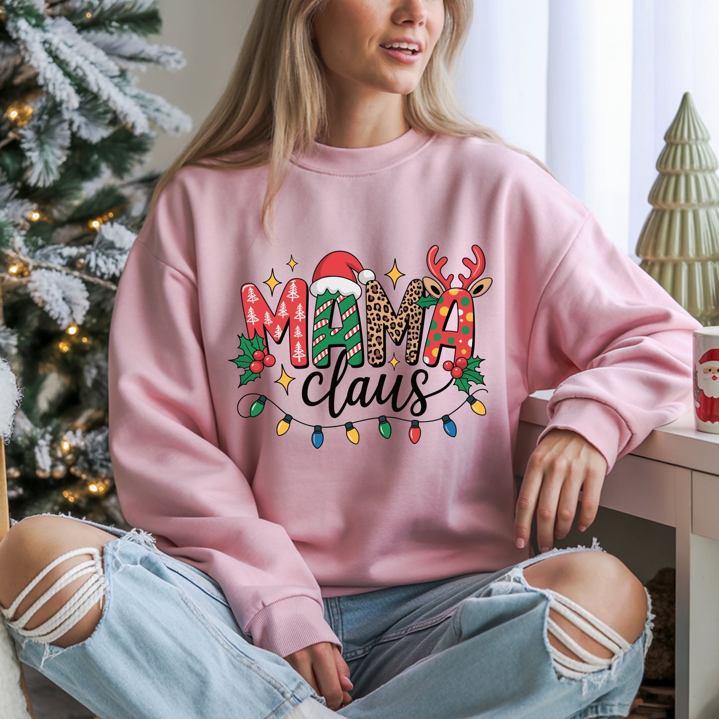 Mama Claus Christmas Sweatshirt | Leopard & Candy Cane Holiday Crewneck | Festive Lights Sweater for Moms | Cute Christmas Outfit