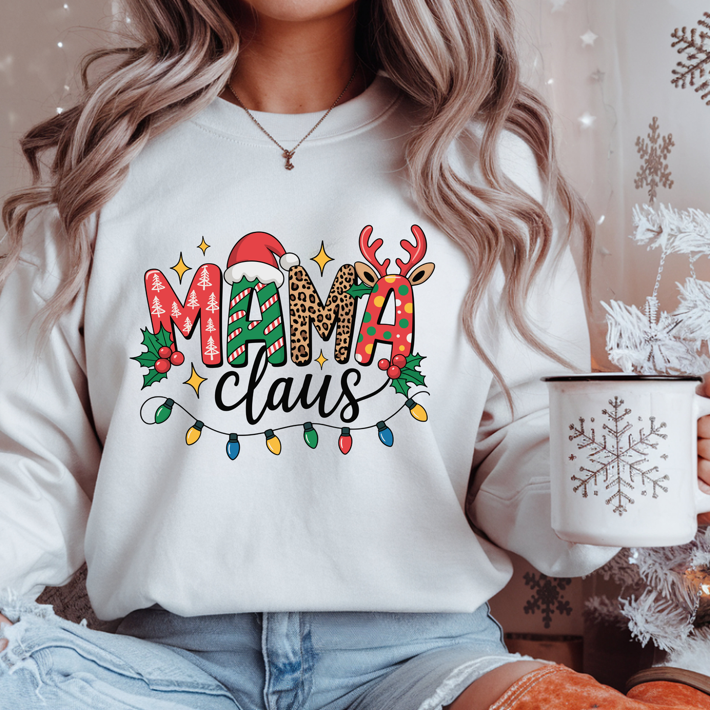 Mama Claus Christmas Sweatshirt | Leopard & Candy Cane Holiday Crewneck | Festive Lights Sweater for Moms | Cute Christmas Outfit