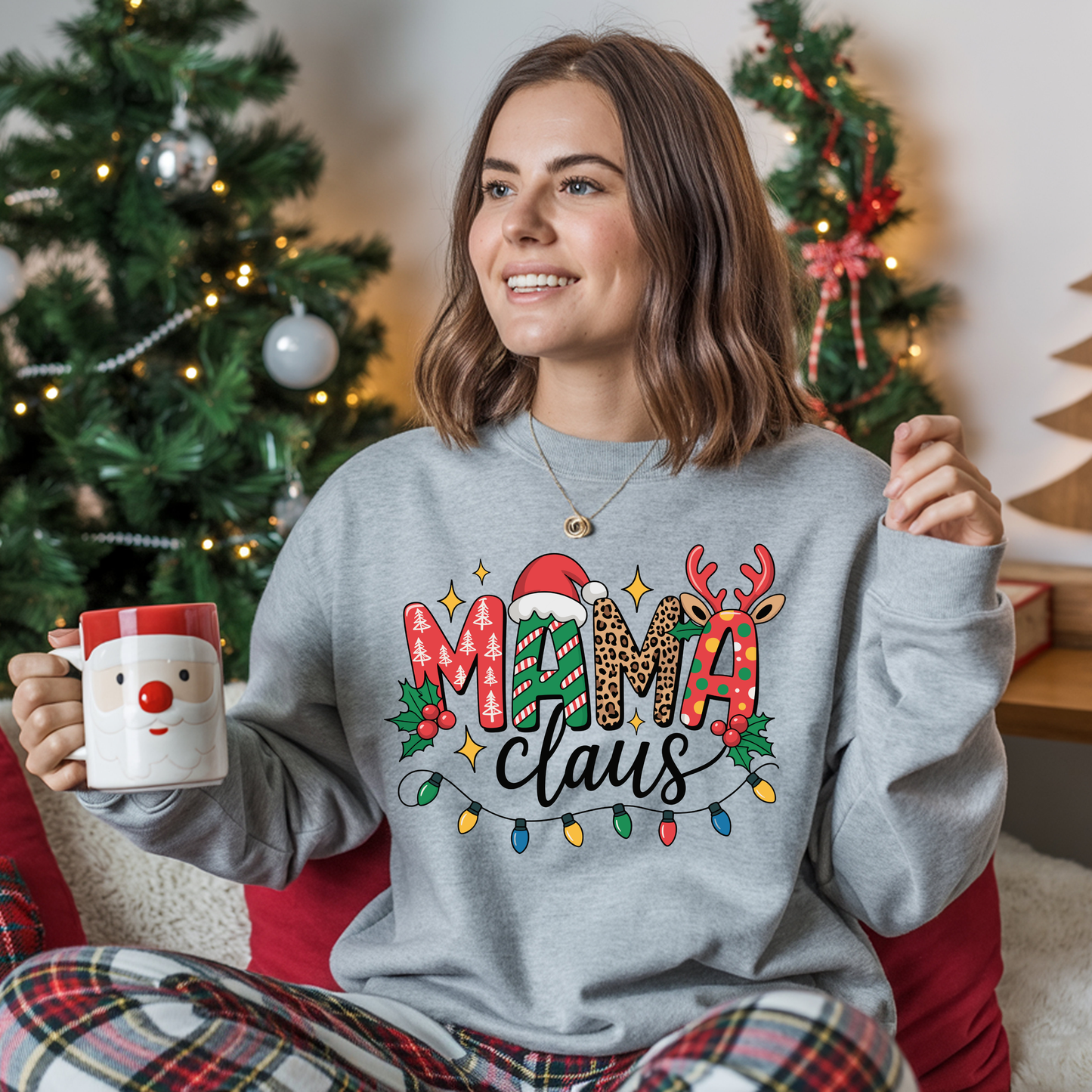 Mama Claus Christmas Sweatshirt | Leopard & Candy Cane Holiday Crewneck | Festive Lights Sweater for Moms | Cute Christmas Outfit