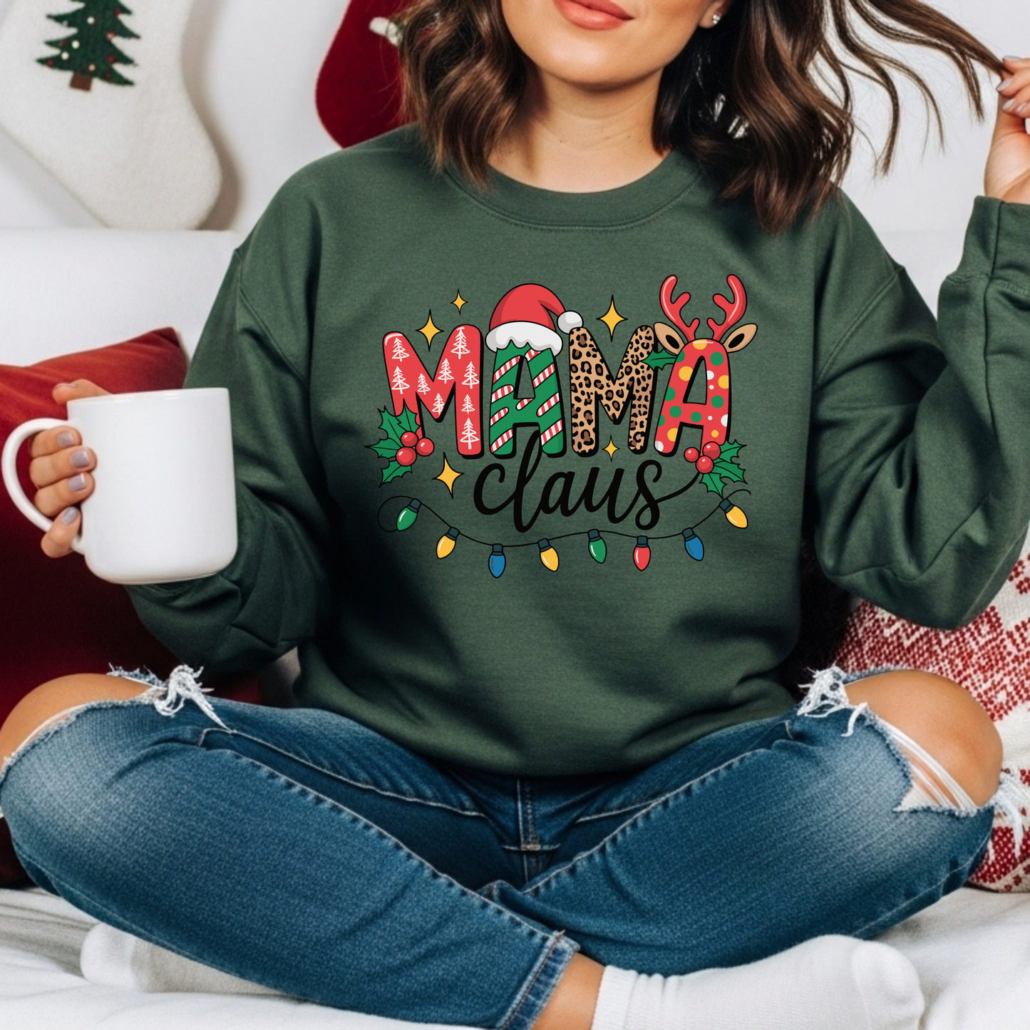 Mama Claus Christmas Sweatshirt | Leopard & Candy Cane Holiday Crewneck | Festive Lights Sweater for Moms | Cute Christmas Outfit