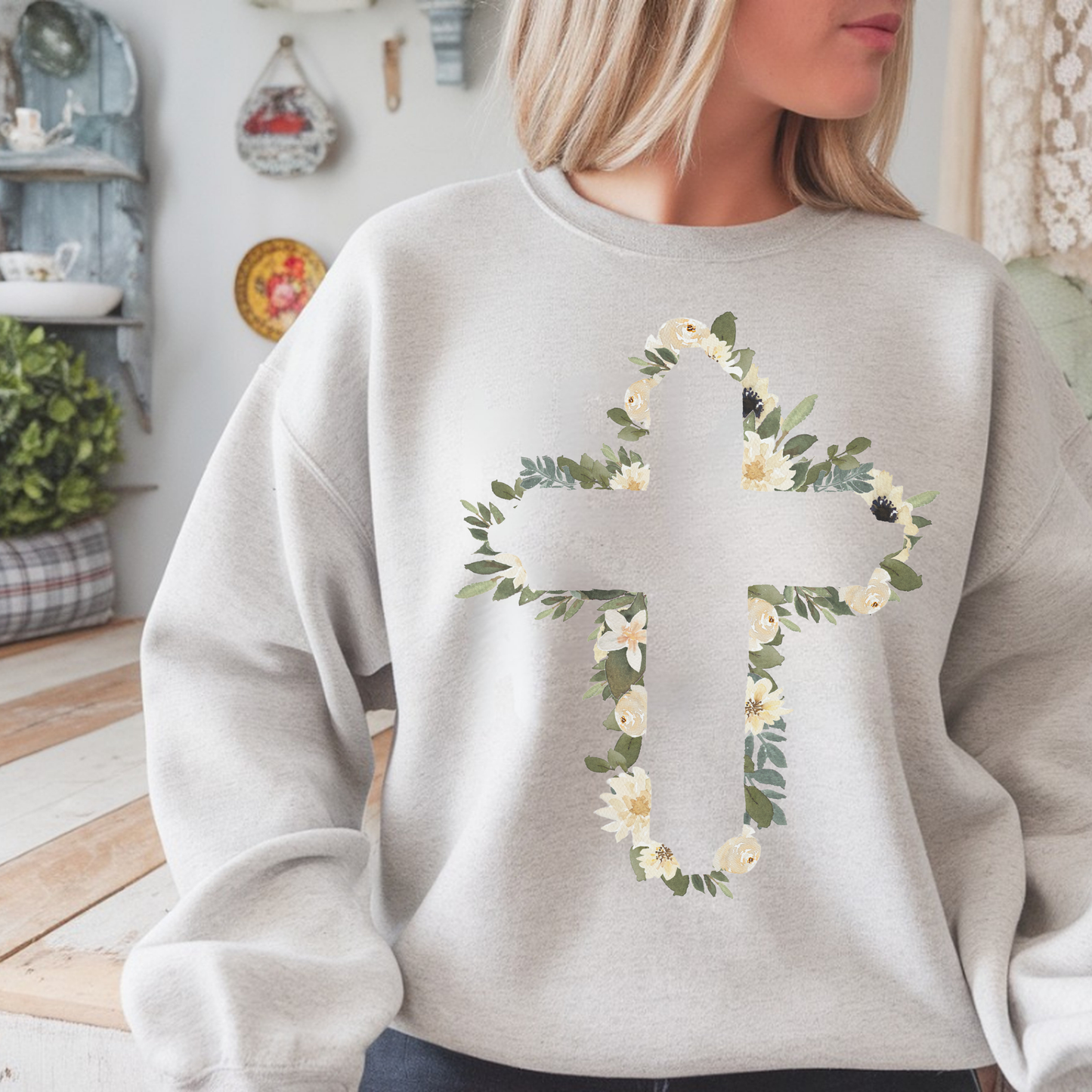 Floral Cross Crewneck Sweatshirt — Christian Faith Floral Pullover