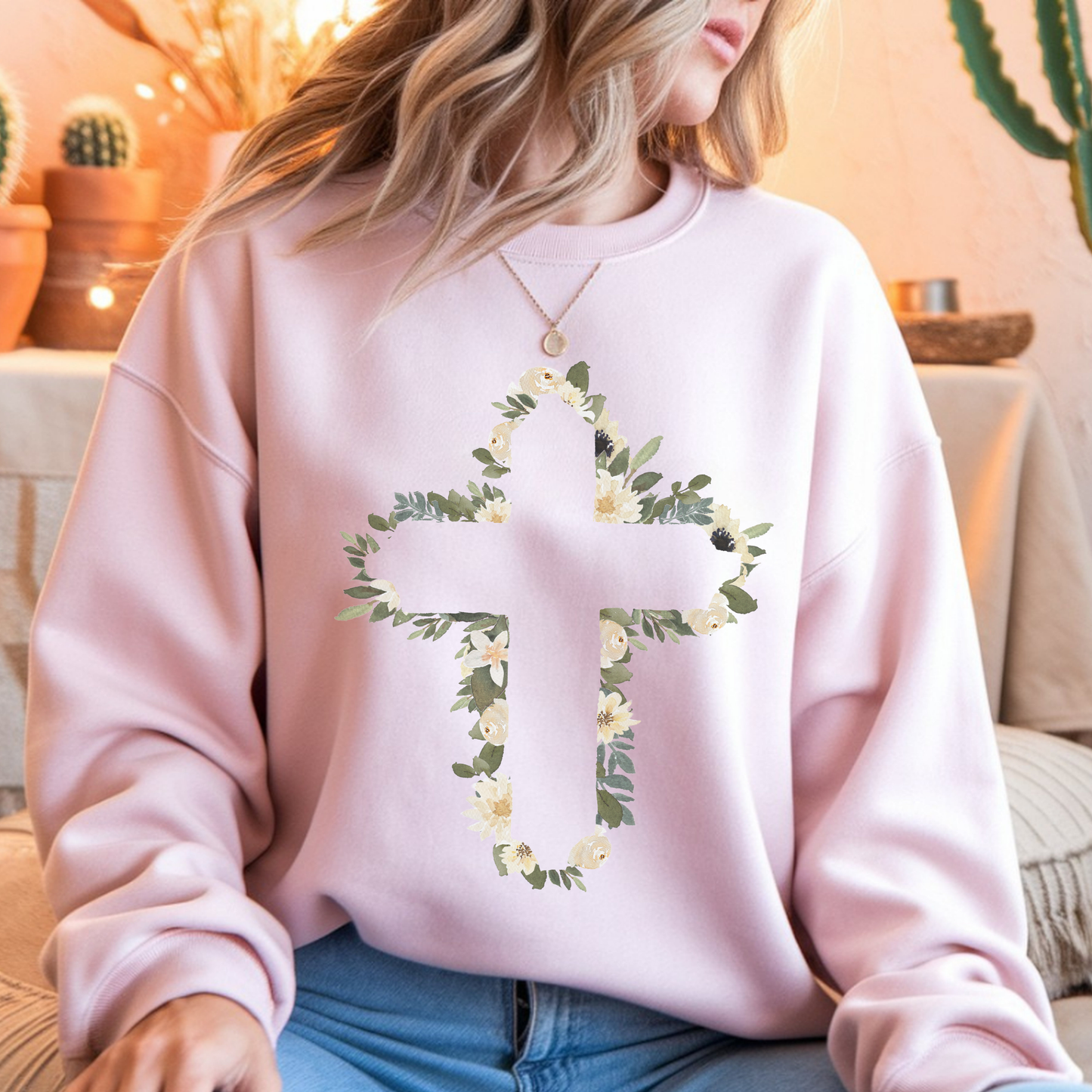 Floral Cross Crewneck Sweatshirt — Christian Faith Floral Pullover