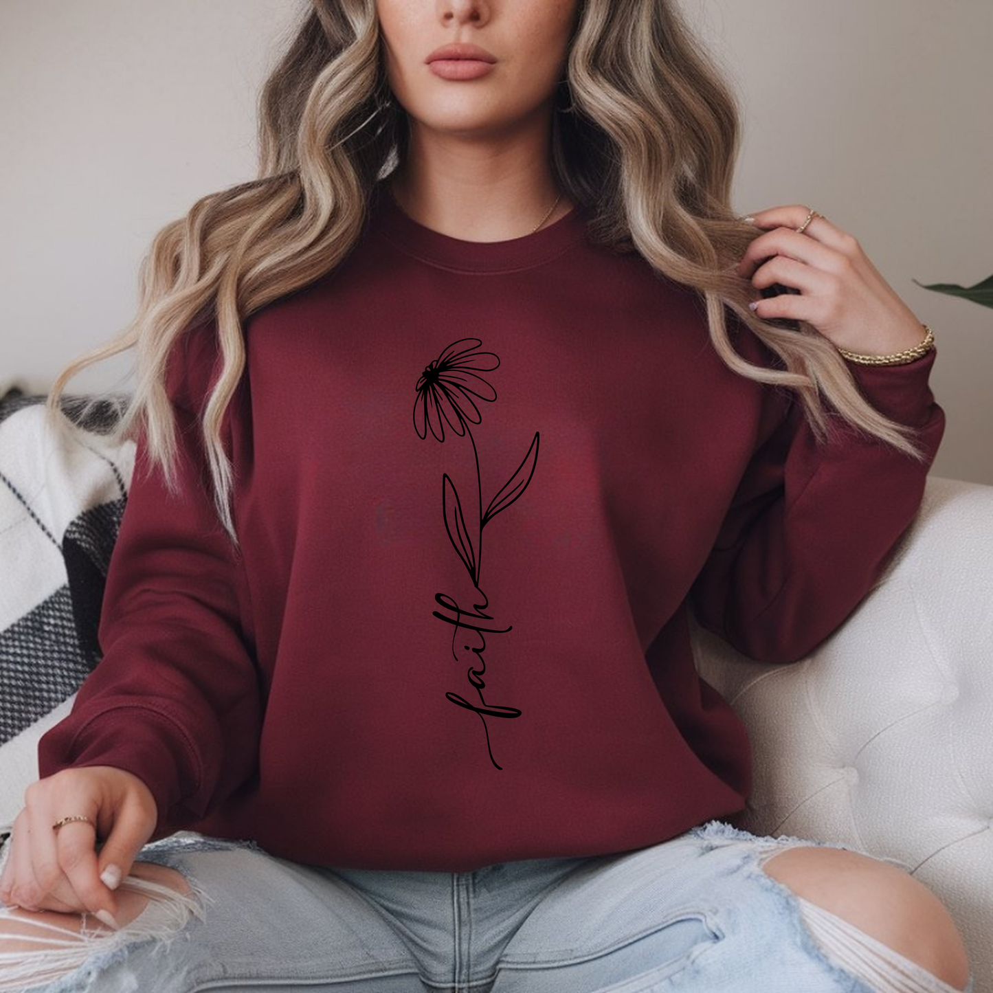 Daisy Faith Floral Sweatshirt | Minimal Line Flower Mama | Neutral Botanical Pullover | Soft Fleece Top
