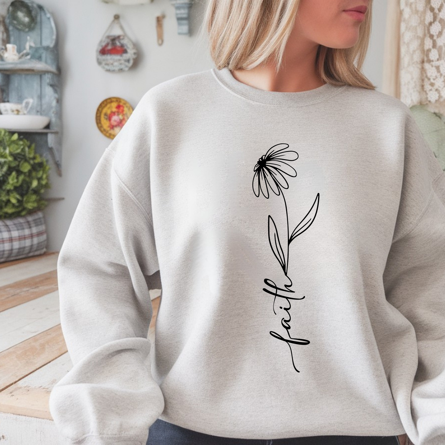 Daisy Faith Floral Sweatshirt | Minimal Line Flower Mama | Neutral Botanical Pullover | Soft Fleece Top