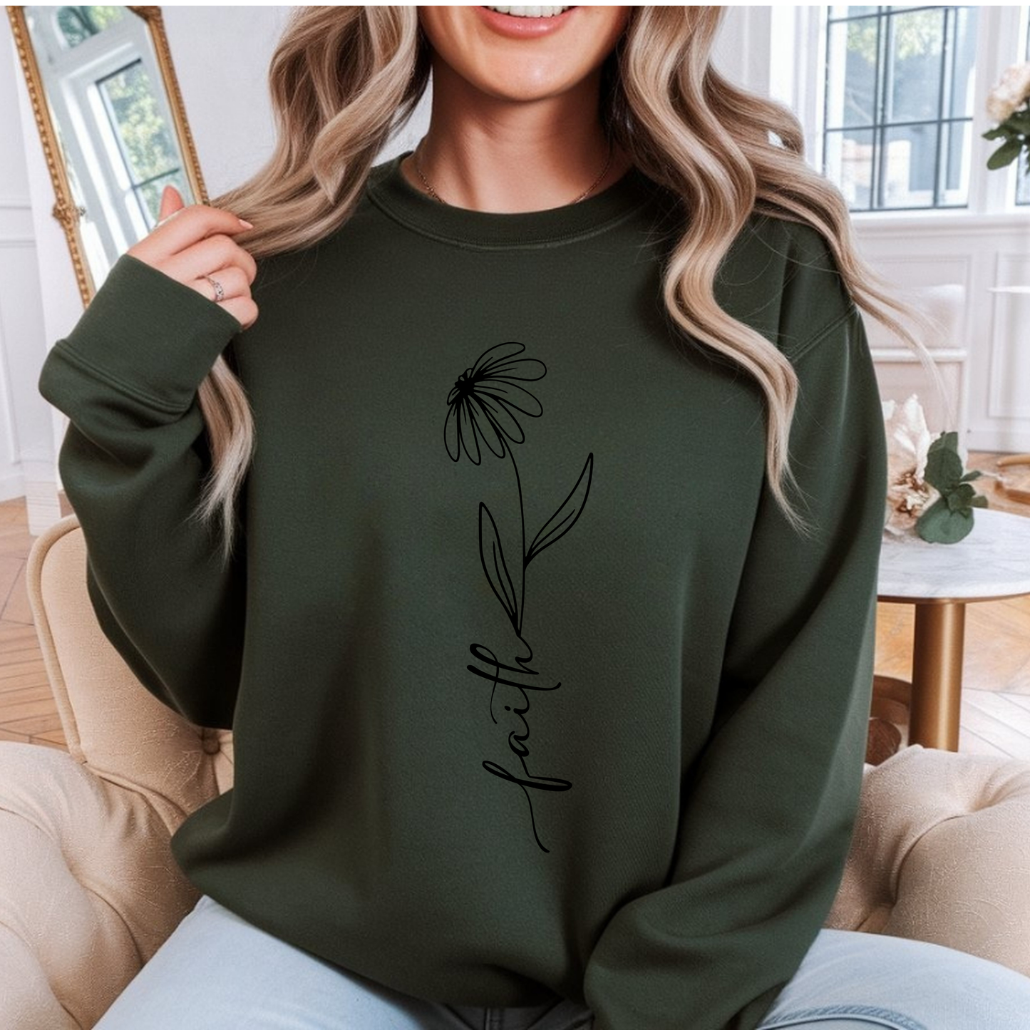 Daisy Faith Floral Sweatshirt | Minimal Line Flower Mama | Neutral Botanical Pullover | Soft Fleece Top