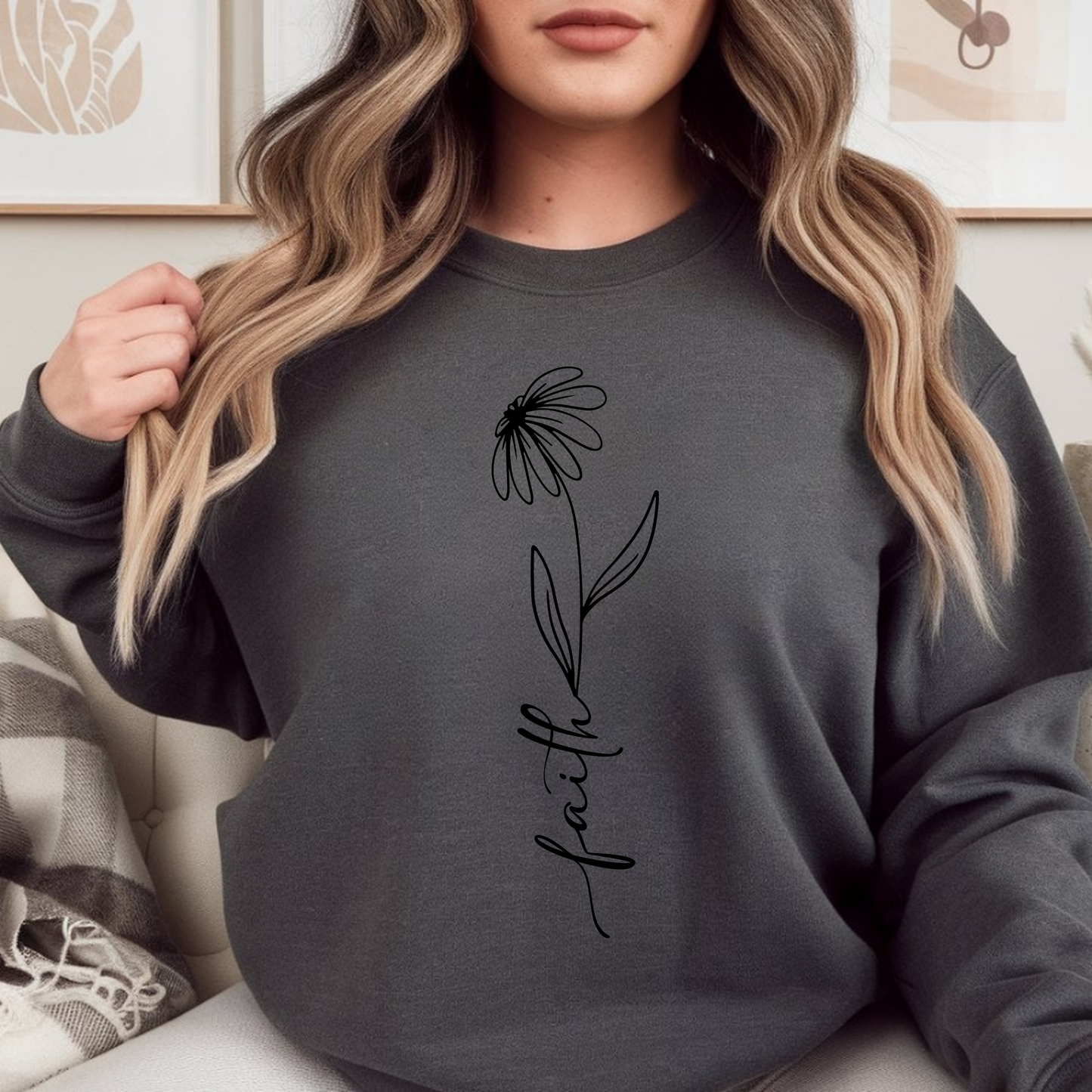 Daisy Faith Floral Sweatshirt | Minimal Line Flower Mama | Neutral Botanical Pullover | Soft Fleece Top