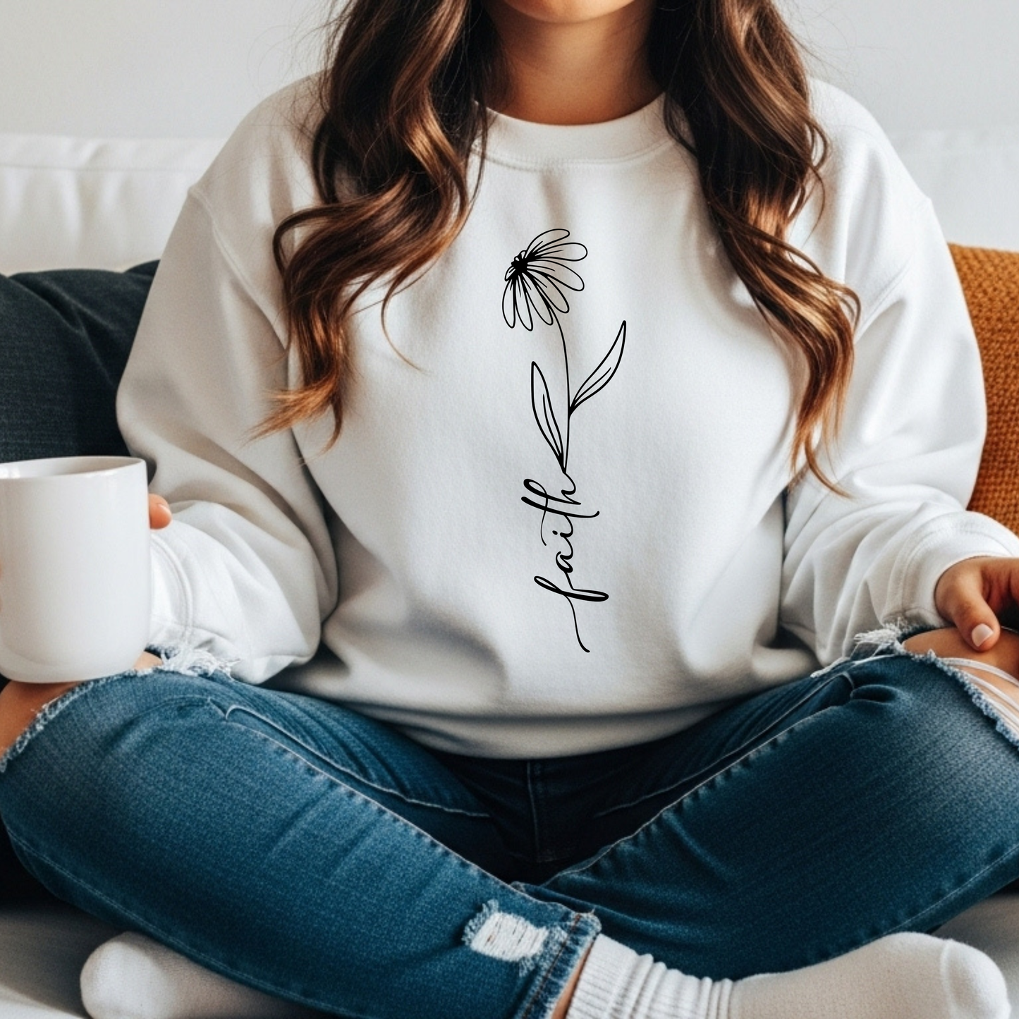 Daisy Faith Floral Sweatshirt | Minimal Line Flower Mama | Neutral Botanical Pullover | Soft Fleece Top