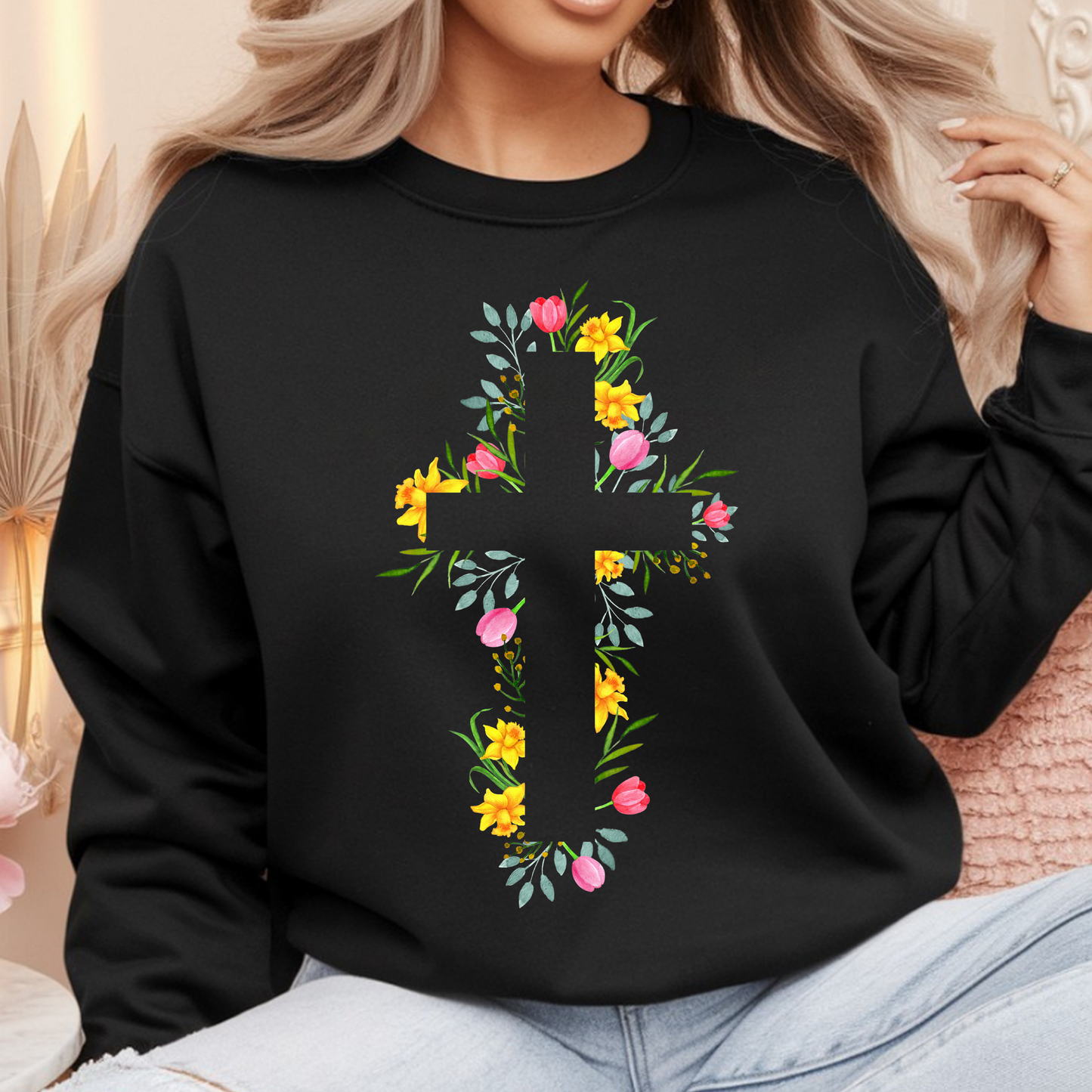 Floral Cross Sweatshirt | Christian Faith Pullover | Spring Cross Top | Faith Mama Wear