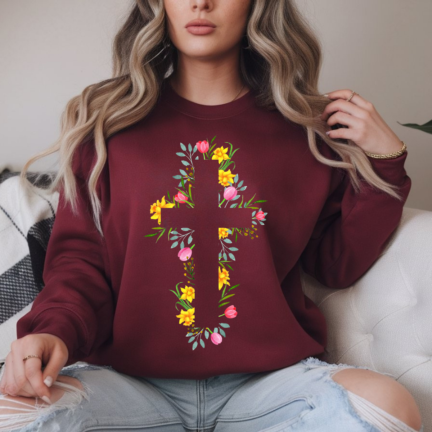 Floral Cross Sweatshirt | Christian Faith Pullover | Spring Cross Top | Faith Mama Wear
