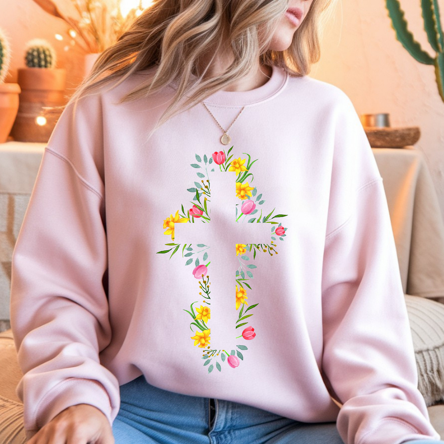 Floral Cross Sweatshirt | Christian Faith Pullover | Spring Cross Top | Faith Mama Wear