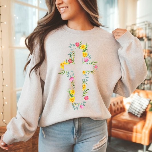 Floral Cross Sweatshirt | Christian Faith Pullover | Spring Cross Top | Faith Mama Wear