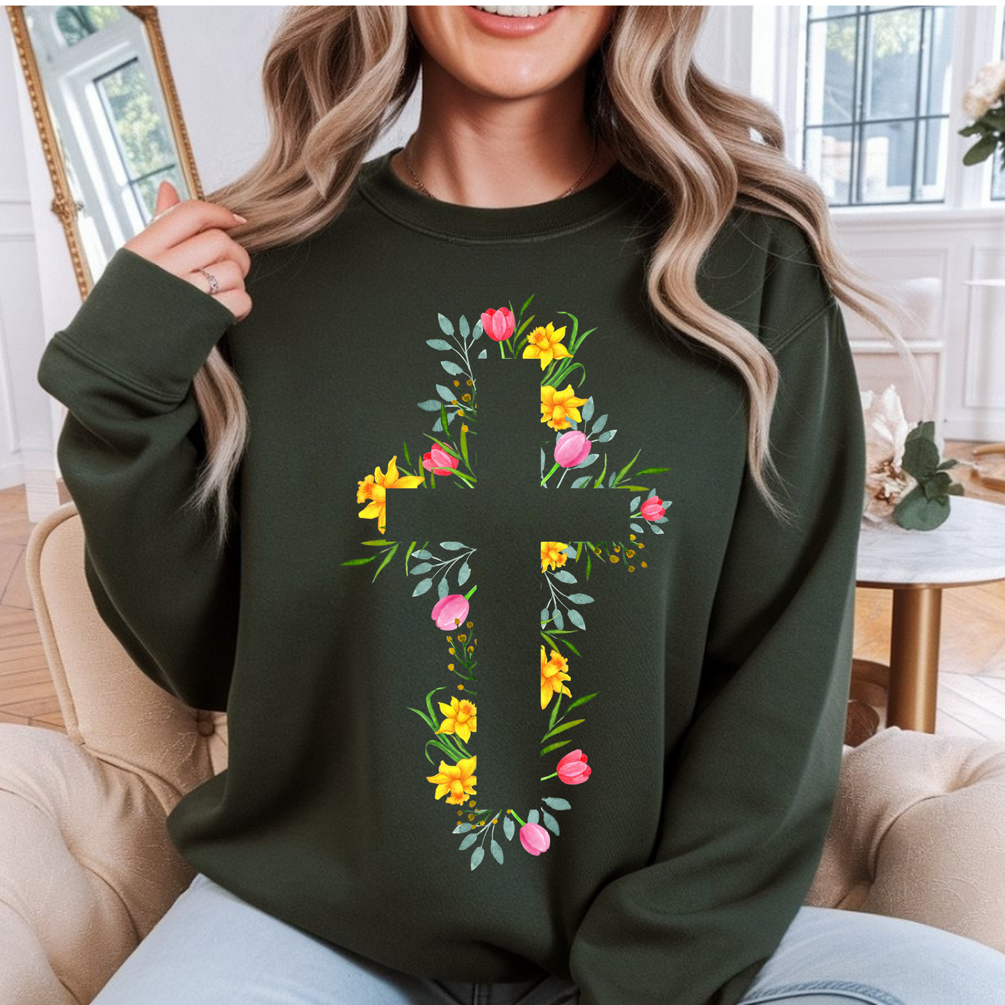 Floral Cross Sweatshirt | Christian Faith Pullover | Spring Cross Top | Faith Mama Wear