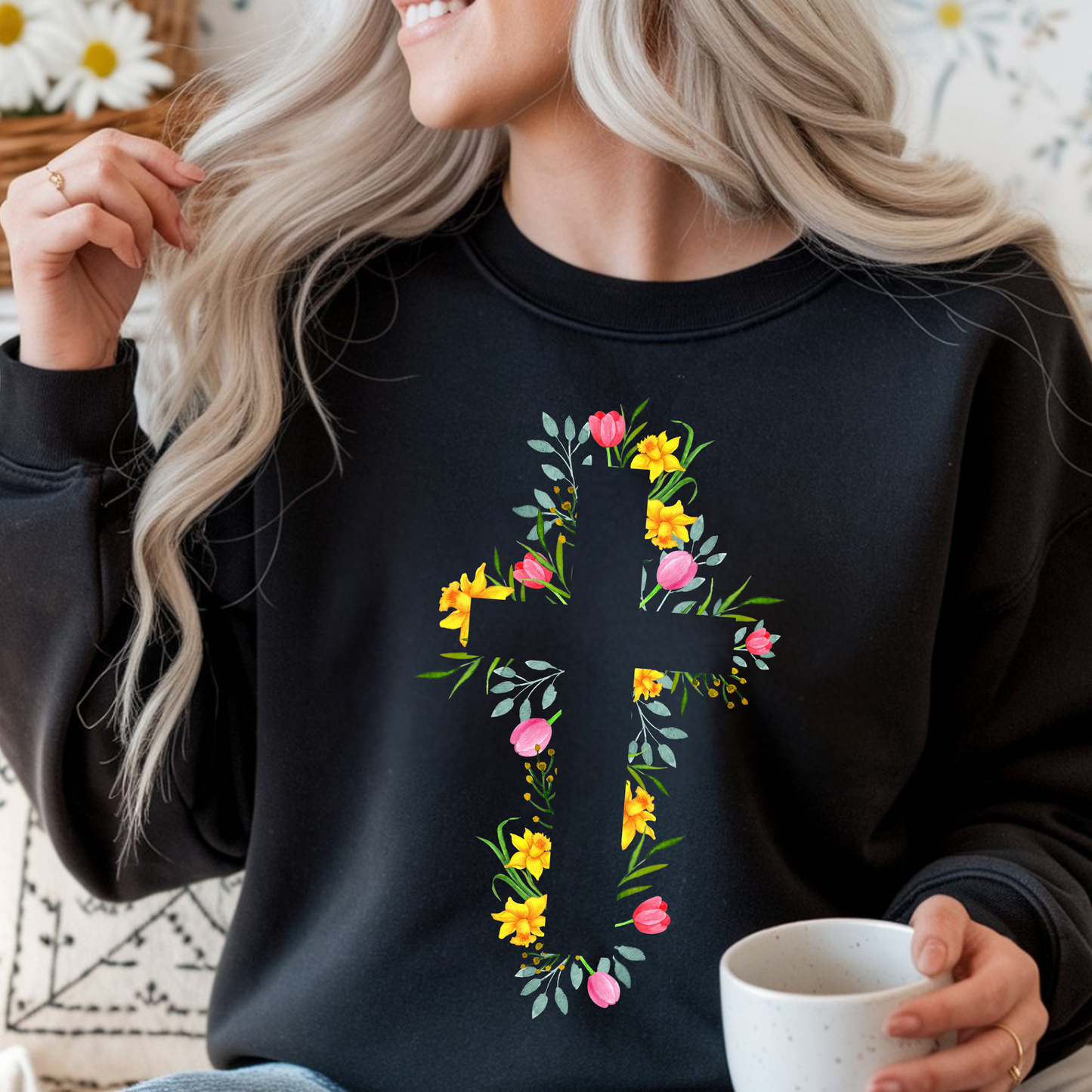 Floral Cross Sweatshirt | Christian Faith Pullover | Spring Cross Top | Faith Mama Wear
