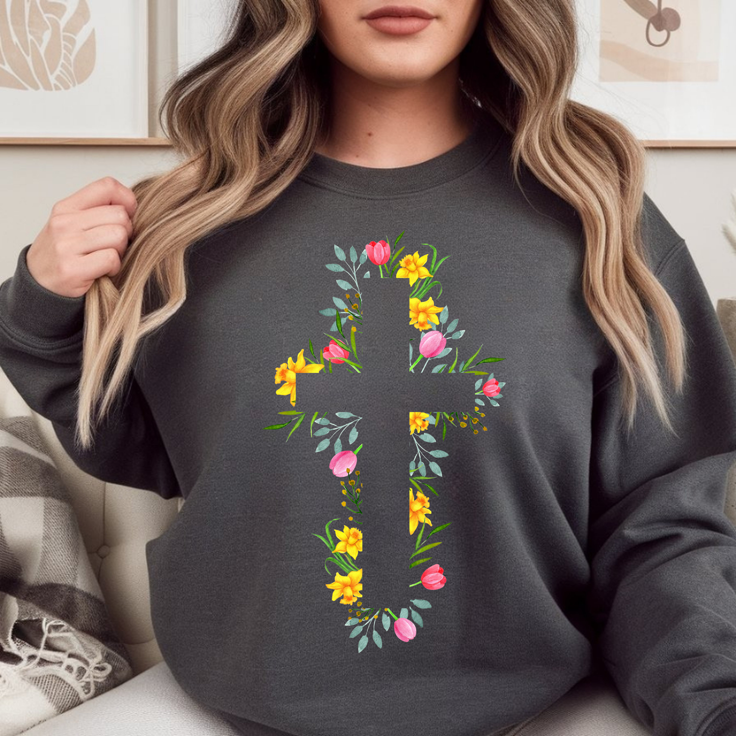 Floral Cross Sweatshirt | Christian Faith Pullover | Spring Cross Top | Faith Mama Wear