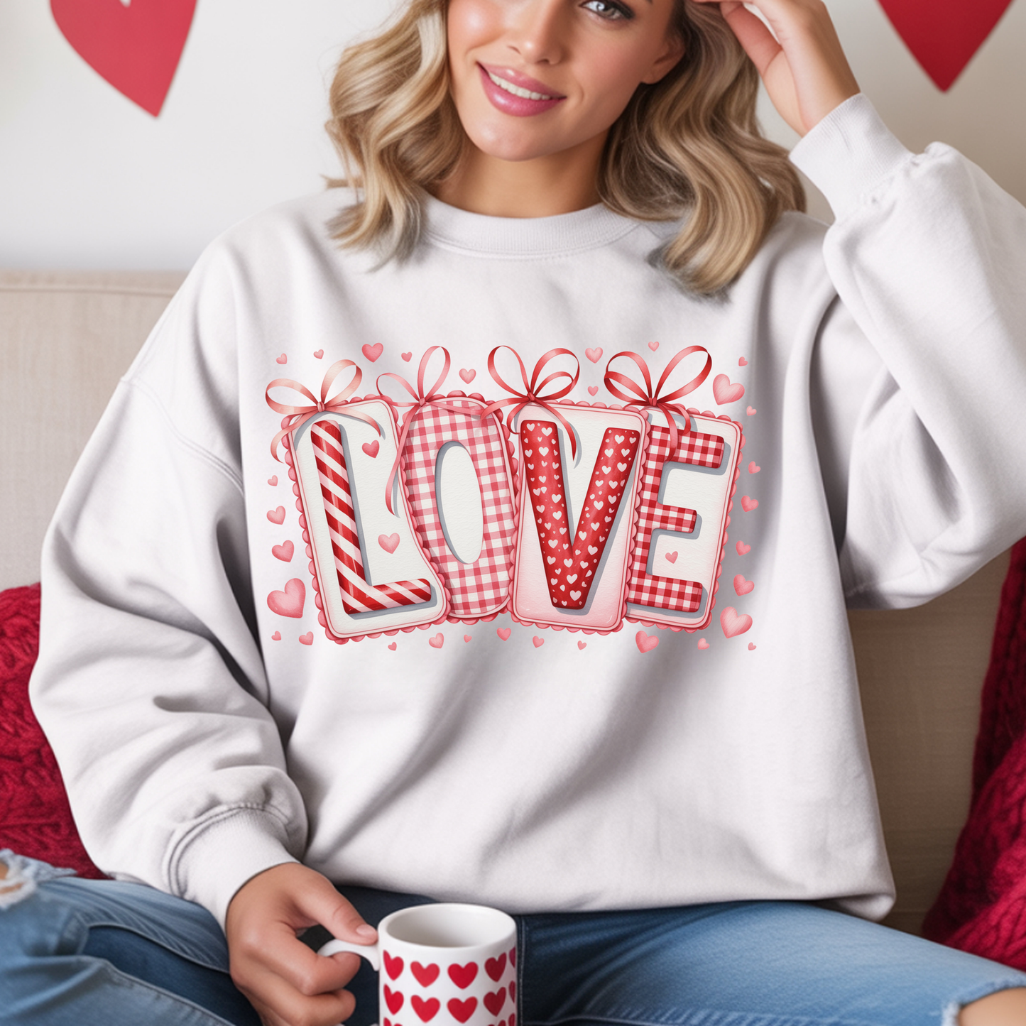 Valentine LOVE Sweatshirt with Coquette Bows and Patchwork Letters • Girly Romantic Aesthetic