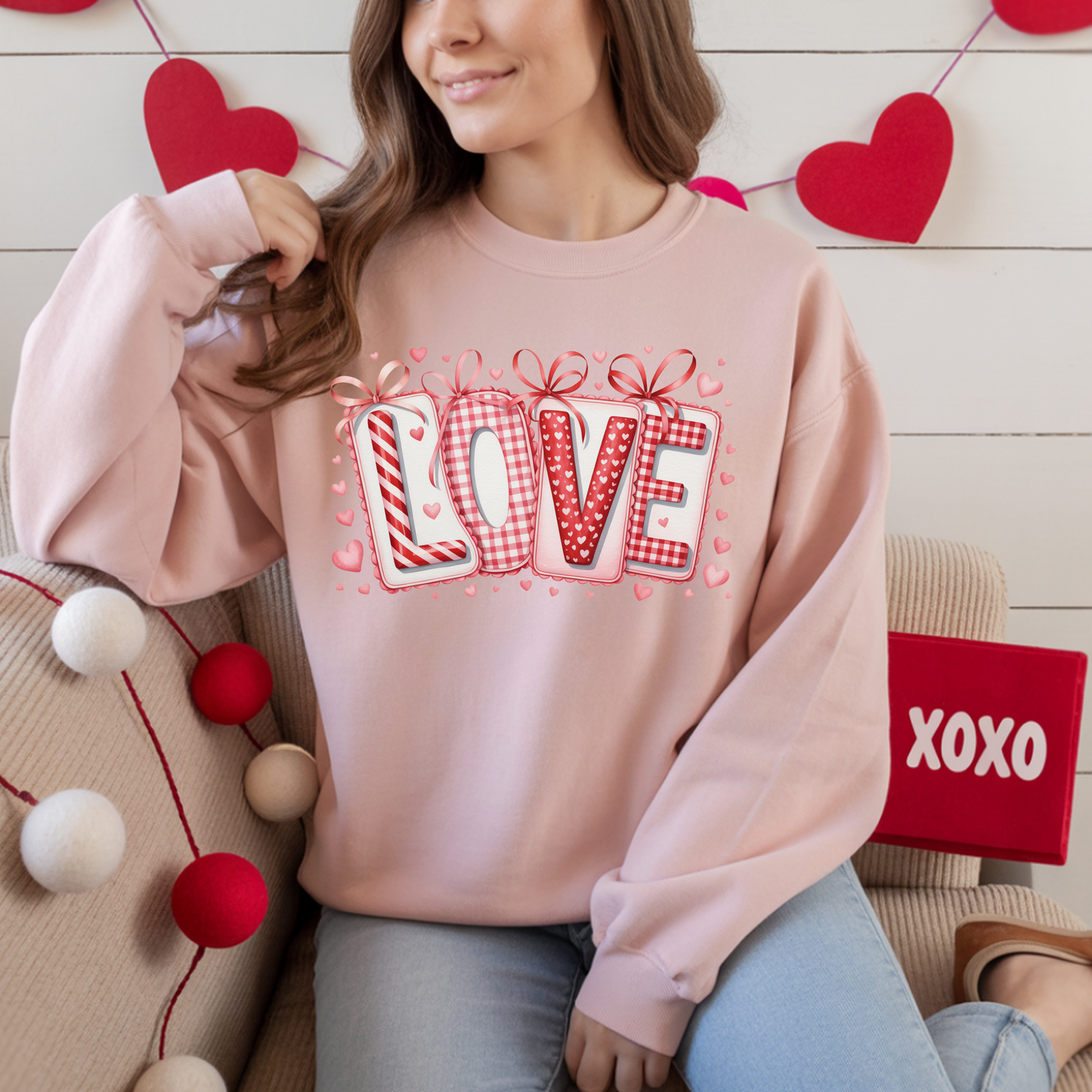 Valentine LOVE Sweatshirt with Coquette Bows and Patchwork Letters • Girly Romantic Aesthetic
