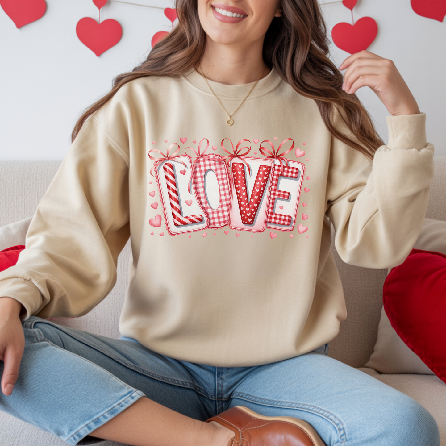 Valentine LOVE Sweatshirt with Coquette Bows and Patchwork Letters • Girly Romantic Aesthetic