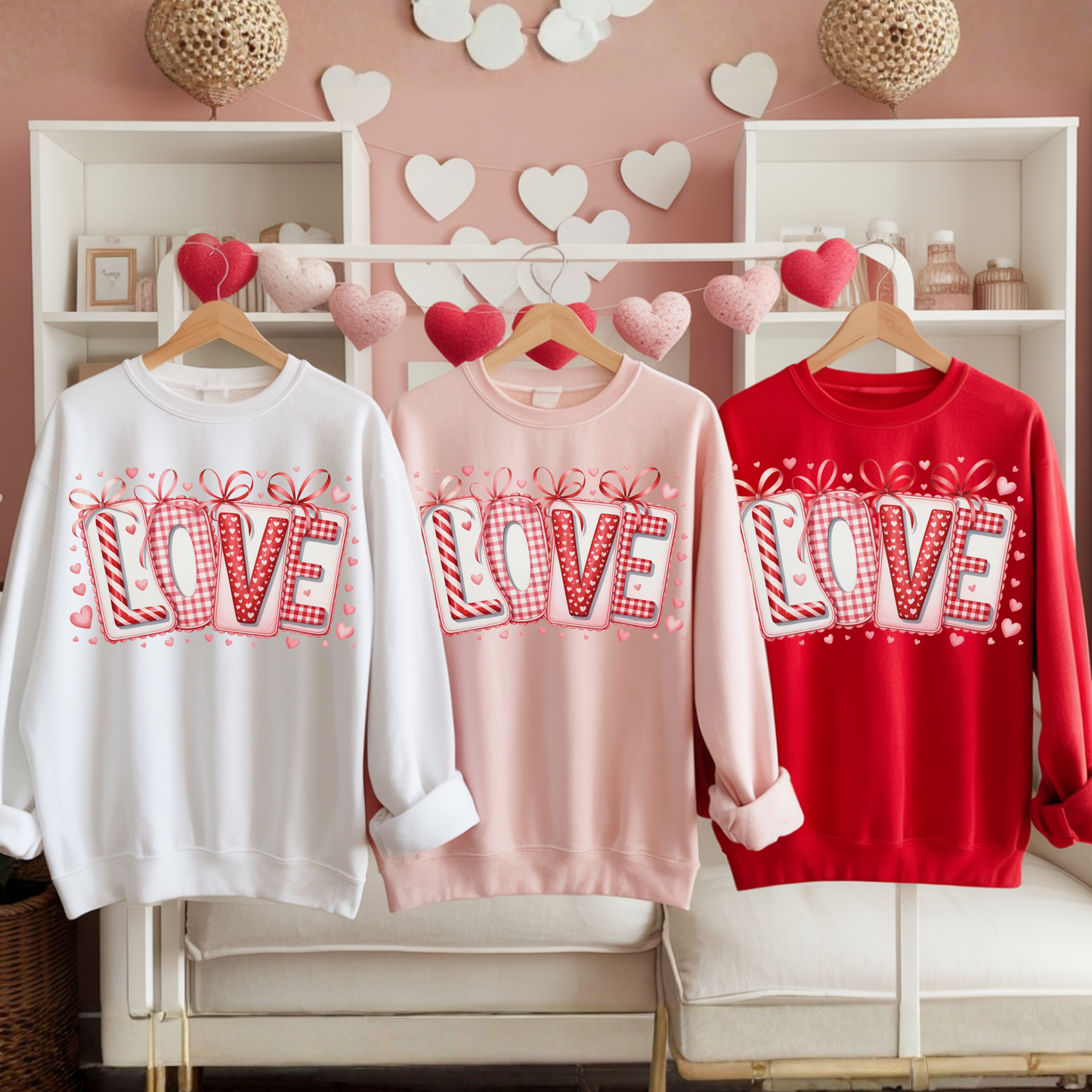 Valentine LOVE Sweatshirt with Coquette Bows and Patchwork Letters • Girly Romantic Aesthetic