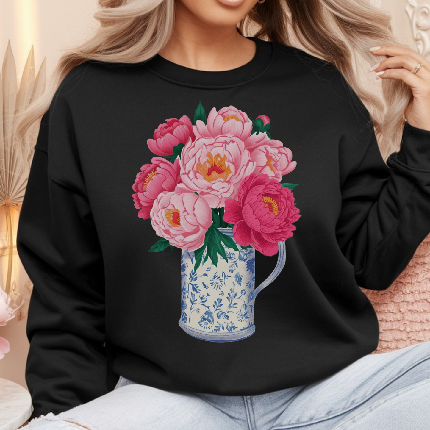 Pink Peonies in Blue Vintage Vase Floral Sweatshirt • Cottagecore Garden Bouquet Crewneck • Botanical Apparel