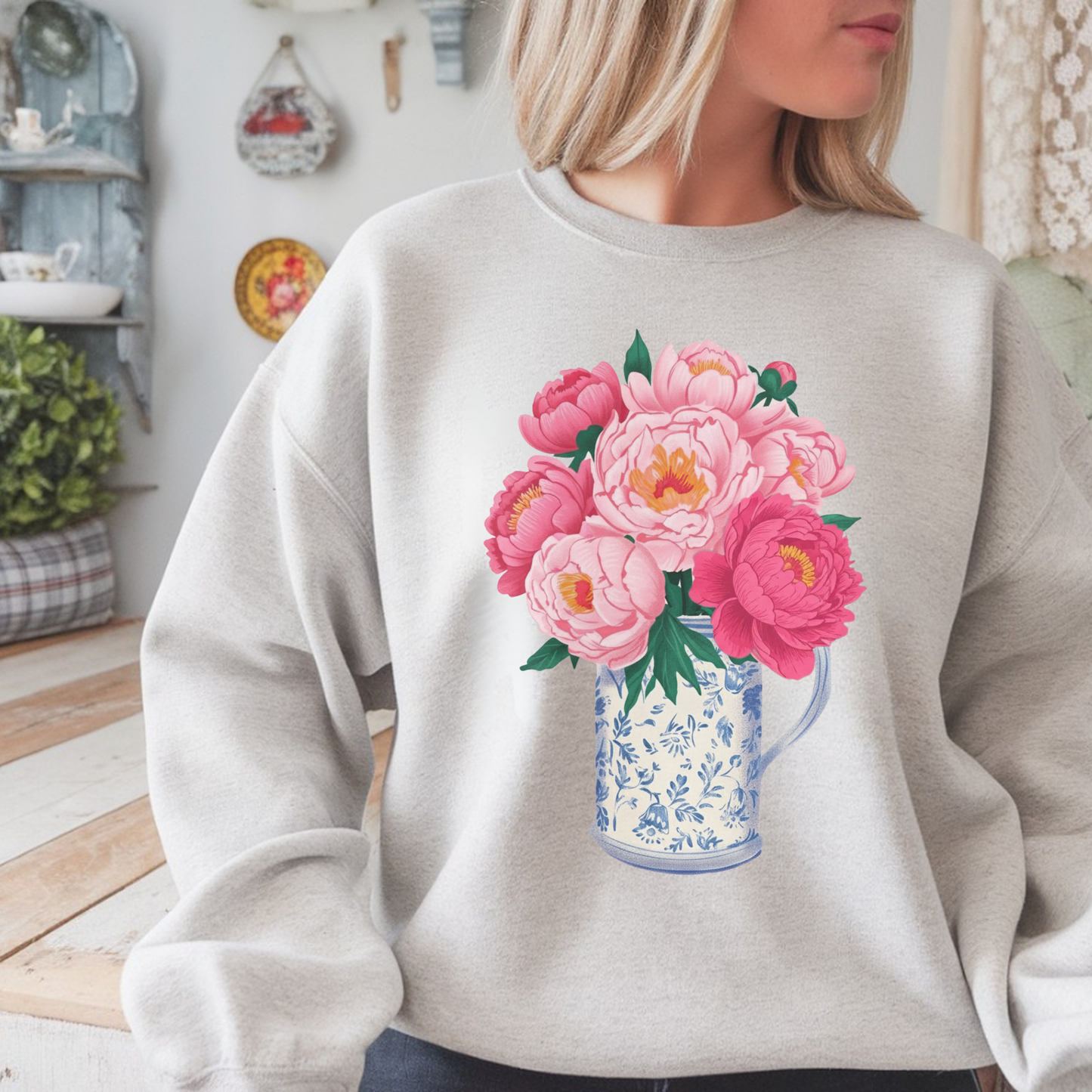 Pink Peonies in Blue Vintage Vase Floral Sweatshirt • Cottagecore Garden Bouquet Crewneck • Botanical Apparel