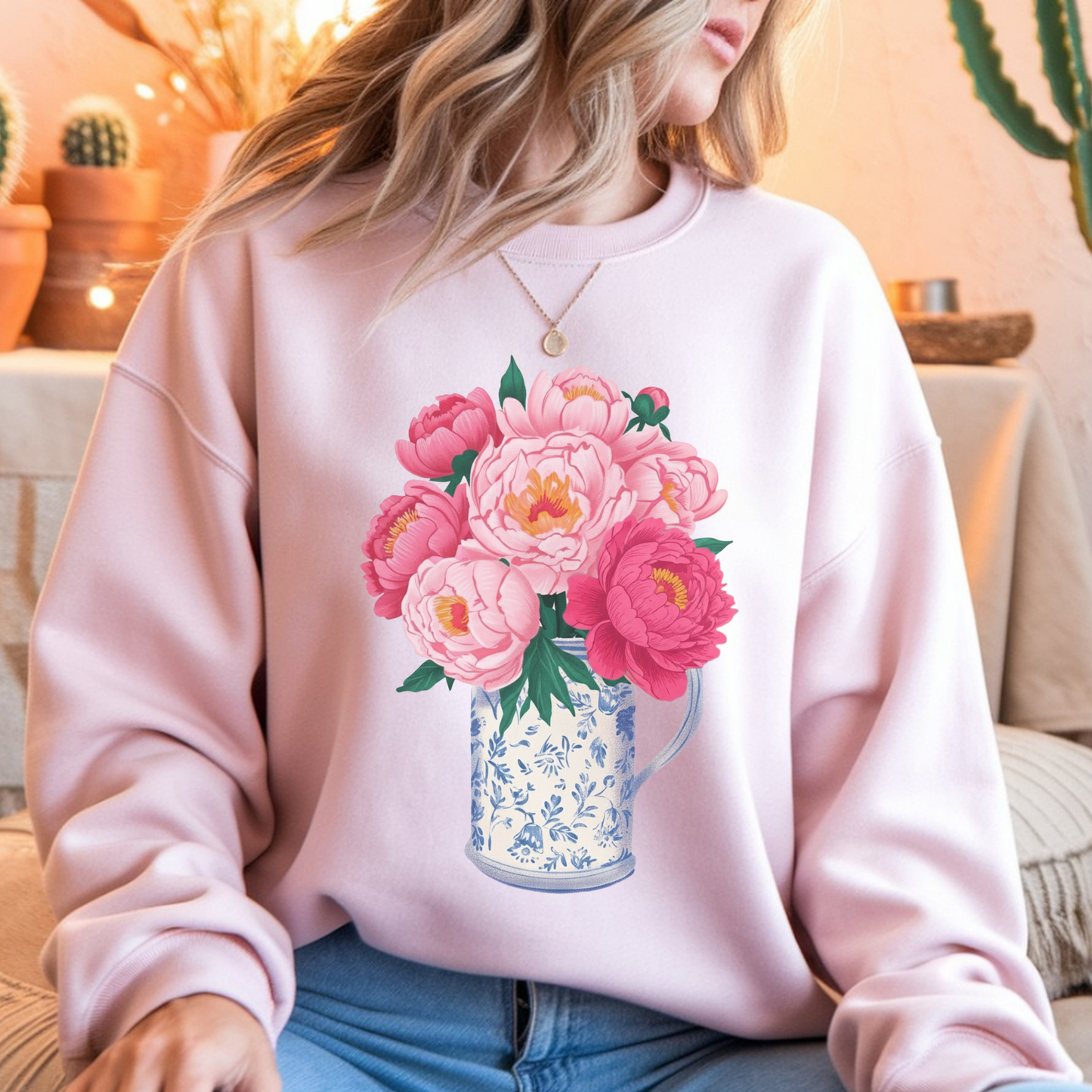 Pink Peonies in Blue Vintage Vase Floral Sweatshirt • Cottagecore Garden Bouquet Crewneck • Botanical Apparel
