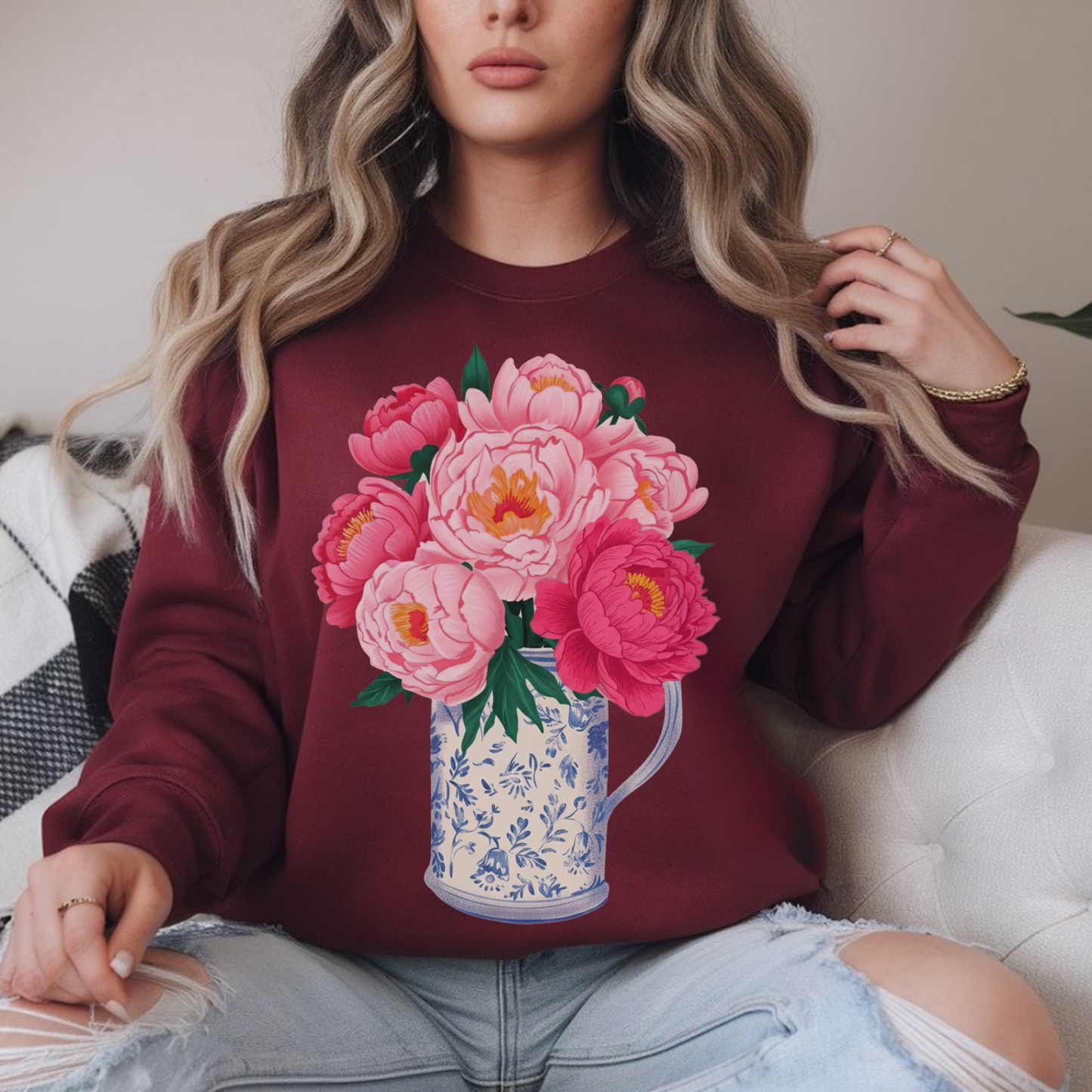 Pink Peonies in Blue Vintage Vase Floral Sweatshirt • Cottagecore Garden Bouquet Crewneck • Botanical Apparel