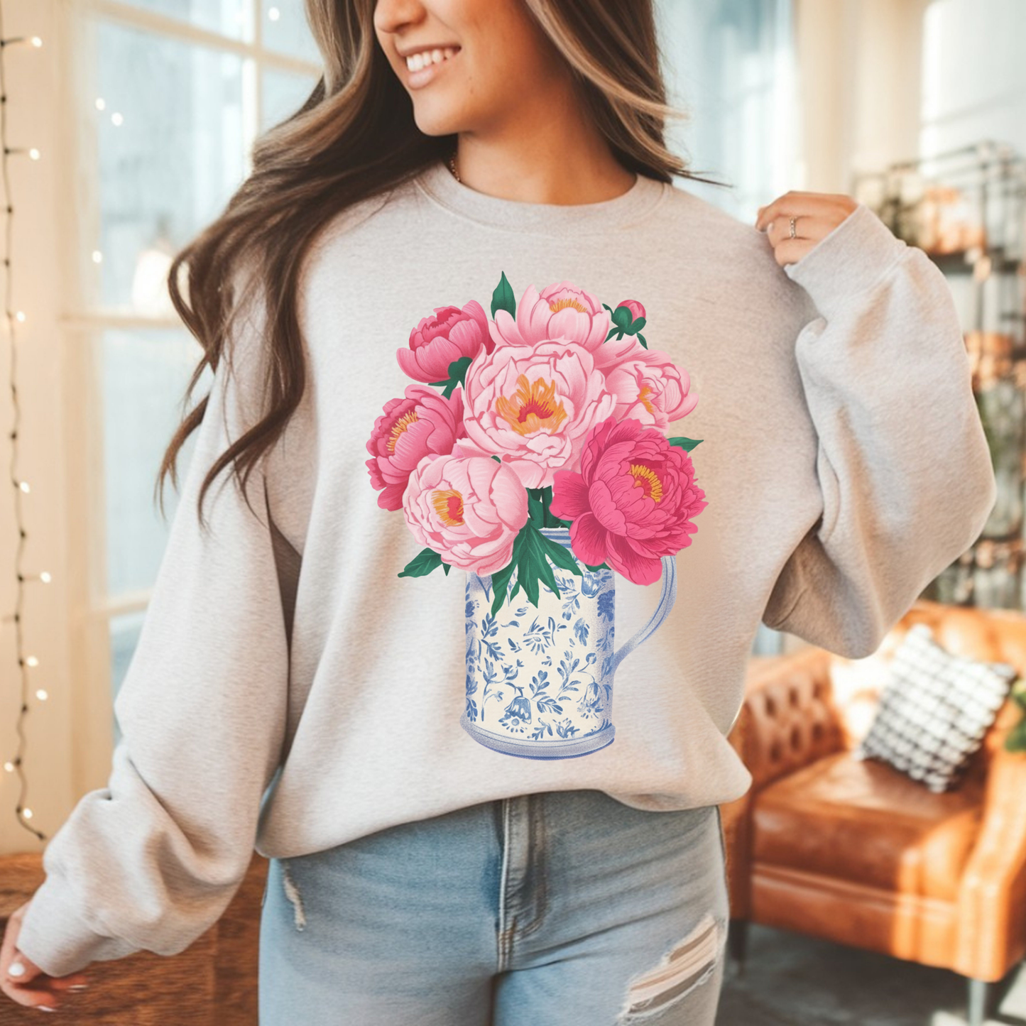 Pink Peonies in Blue Vintage Vase Floral Sweatshirt • Cottagecore Garden Bouquet Crewneck • Botanical Apparel