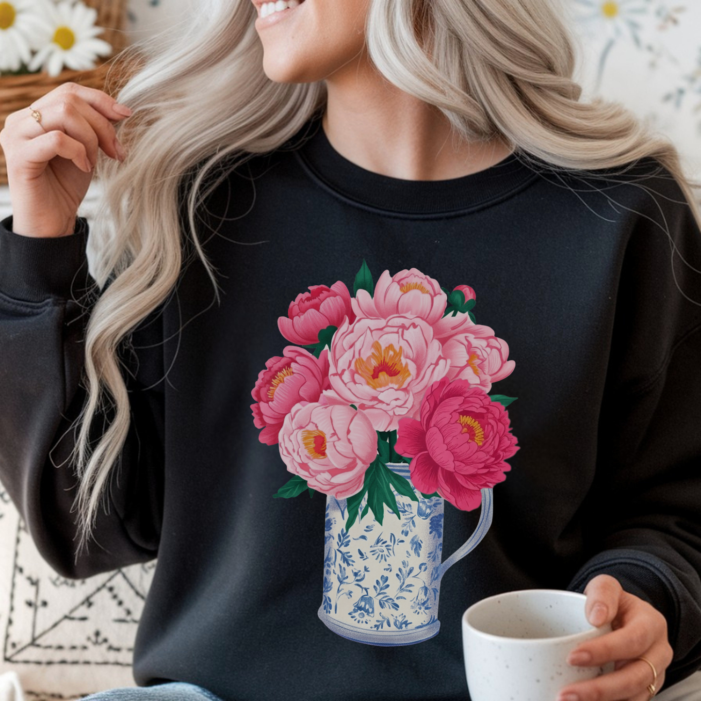 Pink Peonies in Blue Vintage Vase Floral Sweatshirt • Cottagecore Garden Bouquet Crewneck • Botanical Apparel