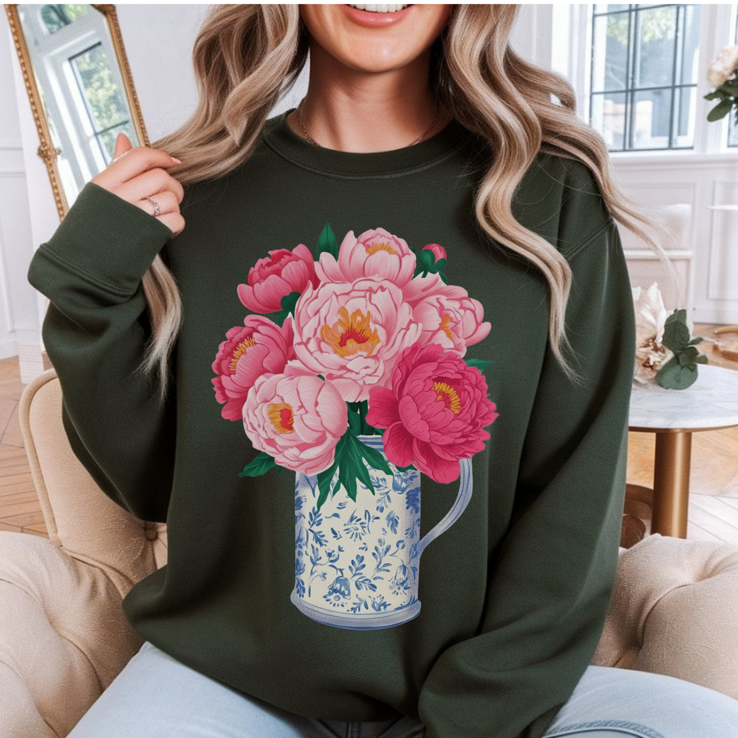 Pink Peonies in Blue Vintage Vase Floral Sweatshirt • Cottagecore Garden Bouquet Crewneck • Botanical Apparel