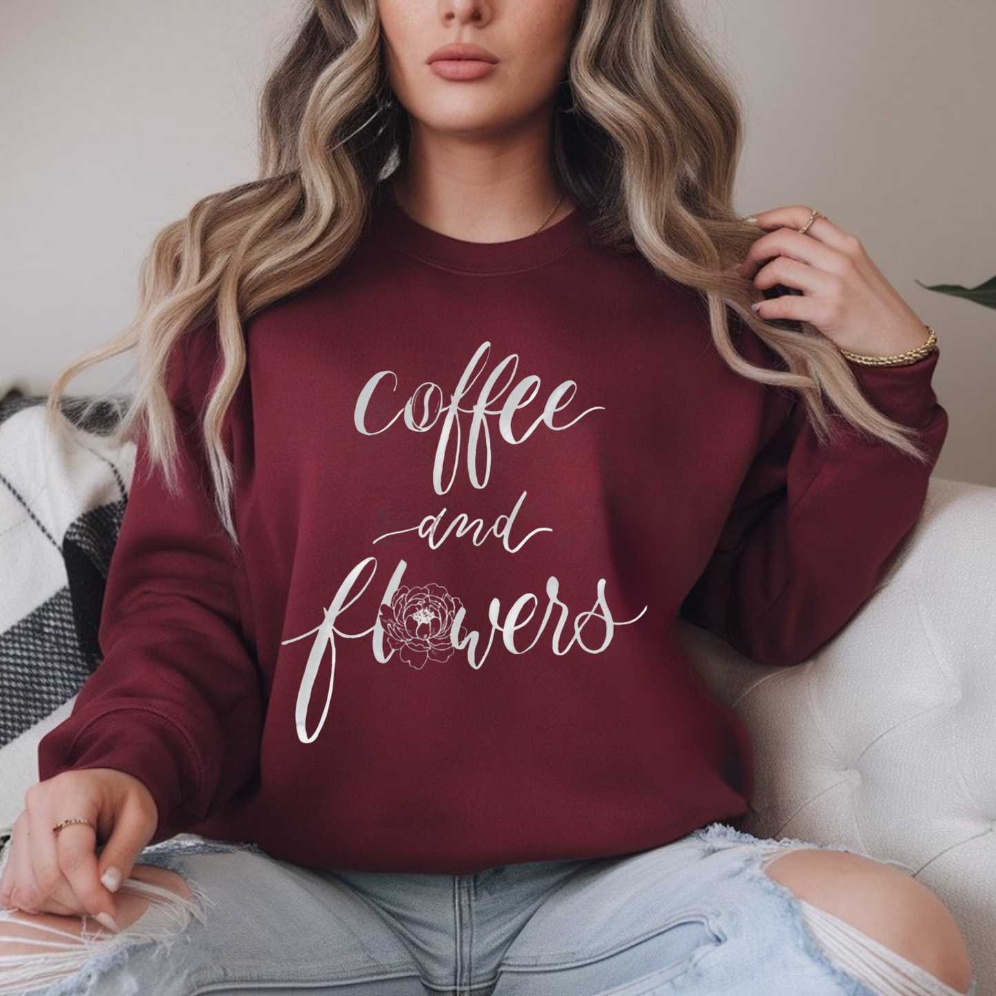 Coffee And Flowers Sweatshirt • Minimal Script Floral Design • Moody Neutral Aesthetic • Cozy Everyday Style • Unisex Pullover