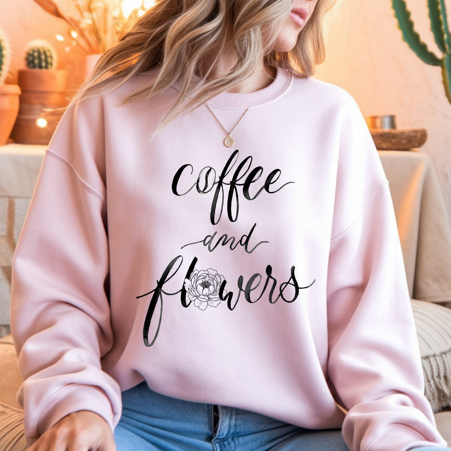 Coffee And Flowers Sweatshirt • Minimal Script Floral Design • Moody Neutral Aesthetic • Cozy Everyday Style • Unisex Pullover