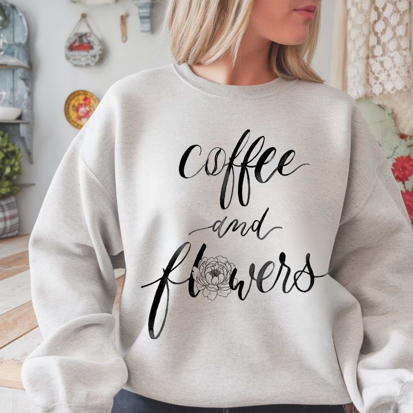 Coffee And Flowers Sweatshirt • Minimal Script Floral Design • Moody Neutral Aesthetic • Cozy Everyday Style • Unisex Pullover