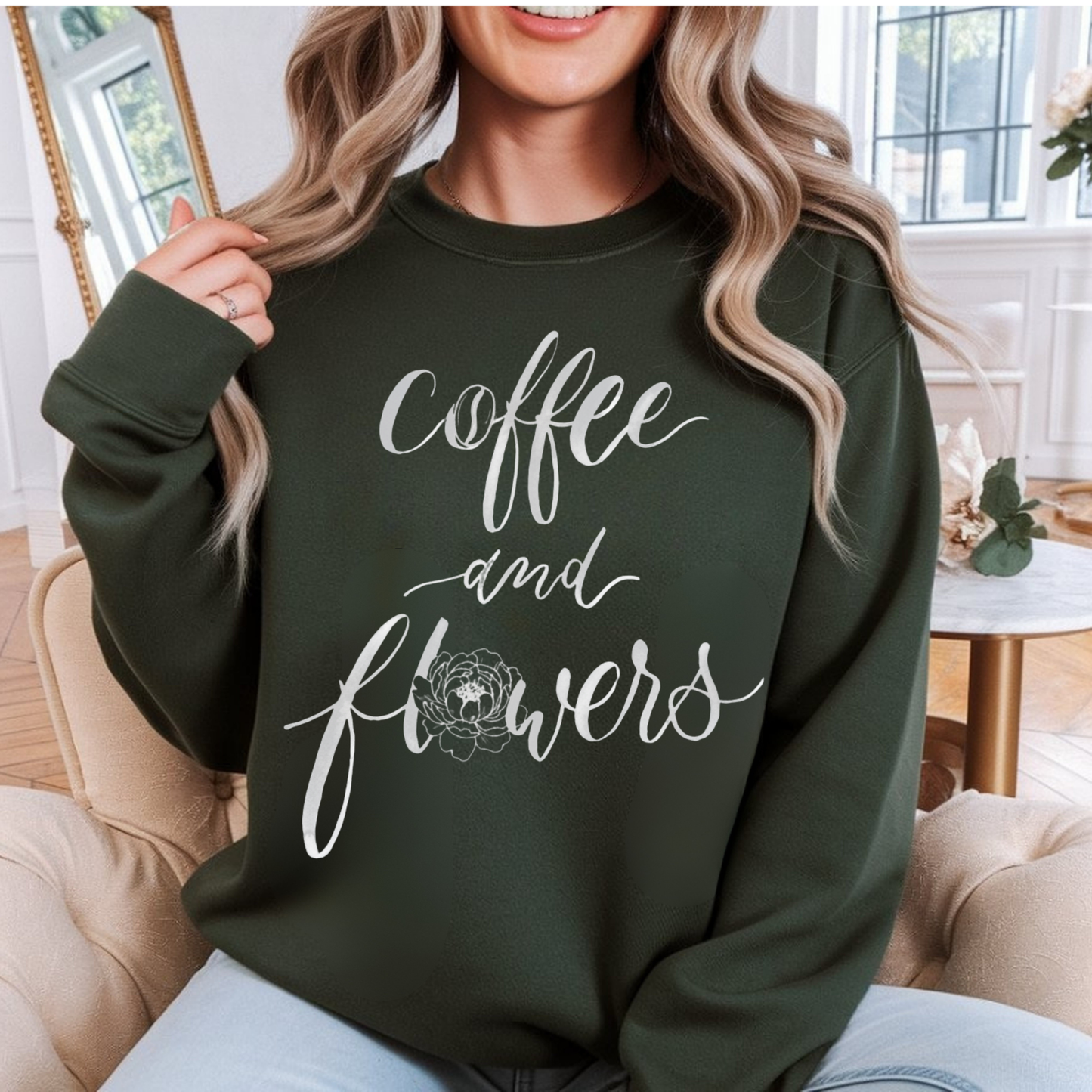 Coffee And Flowers Sweatshirt • Minimal Script Floral Design • Moody Neutral Aesthetic • Cozy Everyday Style • Unisex Pullover
