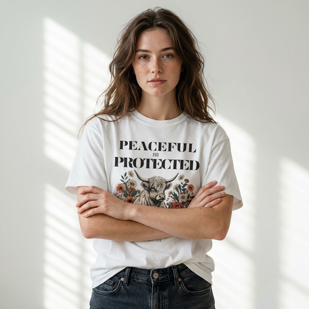 Peaceful and Protected Highland Cow Tee • Psalm 4:8 • Western Floral Faith Shirt