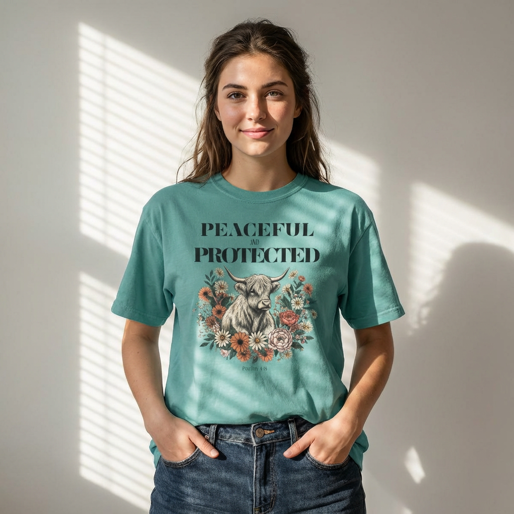 Peaceful and Protected Highland Cow Tee • Psalm 4:8 • Western Floral Faith Shirt