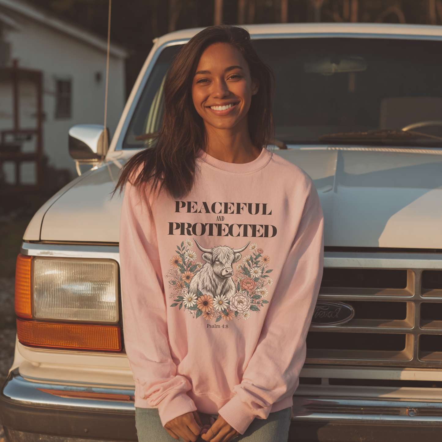 Peaceful and Protected Highland Cow Floral Sweatshirt • Psalm 4:8 Christian Crewneck • Western Cow Faith Graphic