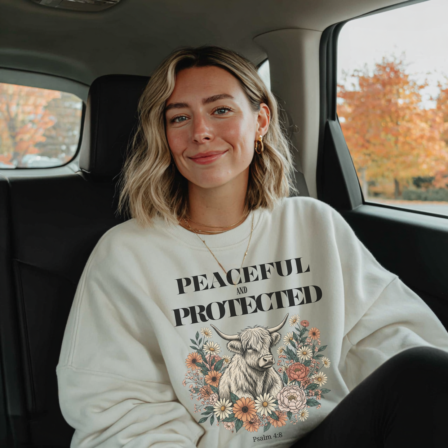 Peaceful and Protected Highland Cow Floral Sweatshirt • Psalm 4:8 Christian Crewneck • Western Cow Faith Graphic