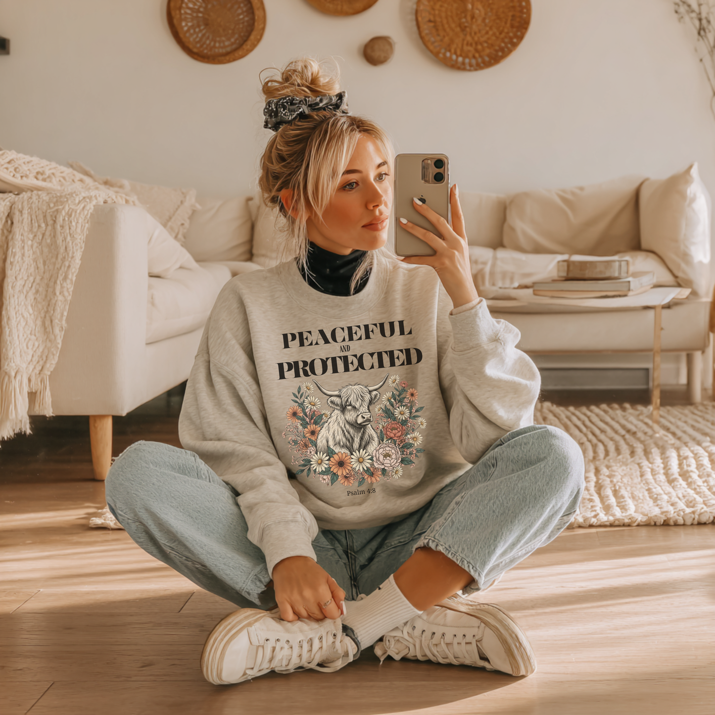Peaceful and Protected Highland Cow Floral Sweatshirt • Psalm 4:8 Christian Crewneck • Western Cow Faith Graphic