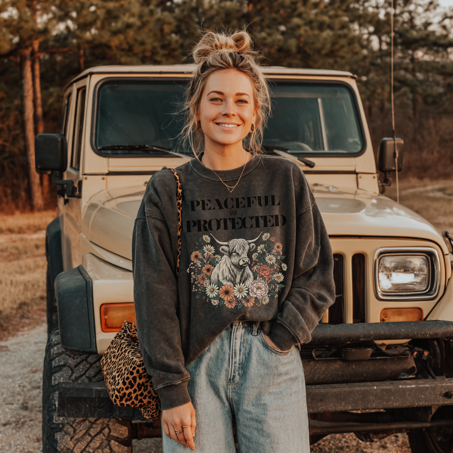 Peaceful and Protected Highland Cow Floral Sweatshirt • Psalm 4:8 Christian Crewneck • Western Cow Faith Graphic